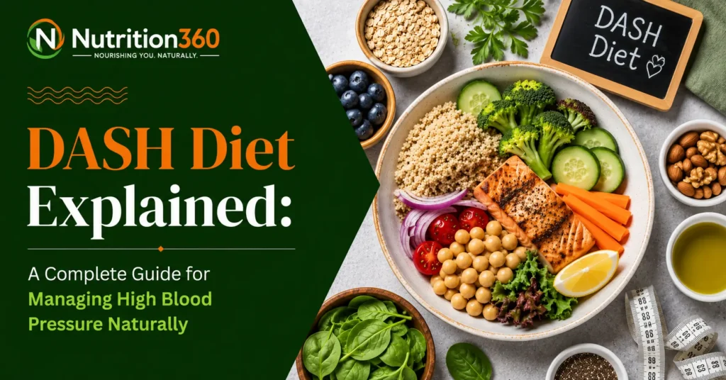 DASH Diet food plate with fruits, vegetables, whole grains and lean protein for managing high blood pressure