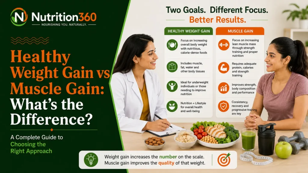 Healthy weight gain vs muscle gain comparison with nutritious food and strength training